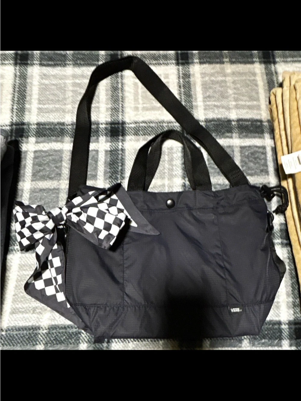 Vans Black Nylon Tote with Checkerboard Bow Accent